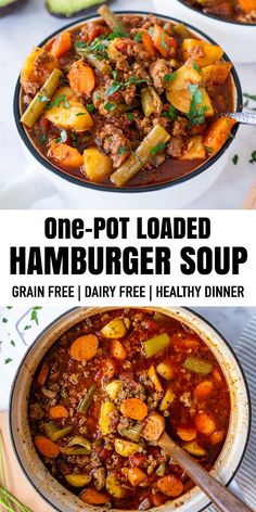 one pot loaded hamburger soup in a white bowl with the title overlay above it