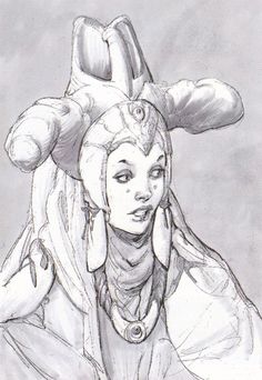 a black and white drawing of a woman with horns on her head, looking to the side