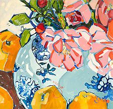 a painting of flowers and oranges in a blue vase on a white tablecloth