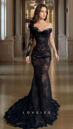 Elevate your formal look with our One Shoulder Long Sleeves Lace Appliques Sheer Mermaid Dress. The intricate lace appliques and sleek design exude elegance and grace, while the one shoulder and sheer sleeves add a touch of sexiness. Perfect for any formal event, this dress will make you feel confident and sophisticated. Mermaid Prom Dresses With Sleeves, Prom Dress With Train, Beaded Formal Dress, Prom Inspo, One Sleeve Dress, Lace Party Dresses, Long Sleeve Dress Formal, Lace Prom Dress, Timeless Dress