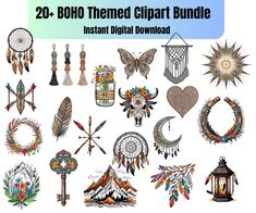 the 20 boho themed clipart bundle includes many different designs, including feathers and arrows