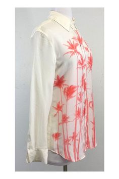 Size XS Ivory & Coral Palm Tree Print Blouse 100% silk Long sleeves Collared Buttons down front Double buttoned barrel cuffs Shoulder to hem 26" Silk Blouse For Vacation, White Fitted Silk Shirt, Fitted White Silk Shirt, White Silk Summer Tops, White Silk Blouse For Summer, White Viscose Beach Tops, Fitted Silk Top For Vacation, Casual Silk Blouse For Vacation, White Silk Blouse With Floral Print