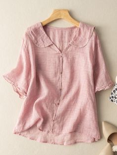 Non-stretch Collared Summer Tops, Summer Non-stretch Collared Tops, Non-stretch Collared Top For Summer, Relaxed Fit Blouse With Collar, Spring Non-stretch Collared Blouse, Feminine Pink Collared Top, Spring Pink Non-stretch Blouse, Feminine Spring Tops With Collared Neckline, Spring Collared Blouse With Relaxed Fit