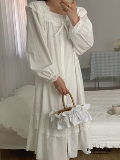 Indulge in timeless elegance with our Cottage Ruffle Lace Nightgown Dress. Crafted with delicate lace and adorned with charming ruffles, this nightgown exudes a romantic and feminine allure. The flowing silhouette offers comfort and freedom of movement, perfect for lounging in style or enjoying a peaceful night's sleep. Elevate your bedtime routine with this enchanting nightgown that combines classic beauty with modern comfort. Features: 100% Cotton Relax Fit Breathable (great for all seasons) M White Ruffled Dress For Home, Cottagecore Lace Trim Nightgown For Loungewear, Cottagecore Nightgown With Lace Trim For Loungewear, Cottagecore Lace Trim Sleep Dress, White Cottagecore Sleepwear With Lace Trim, Cottagecore White Sleepwear With Lace Trim, Cottagecore Sleepwear With Lace Trim, Feminine White Ruffled Sleepwear, Cottagecore White Nightgown With Lace Trim