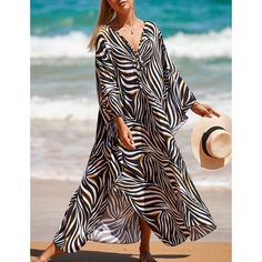 Stripe Print Long Kinimo Beachwear Solid Color Swimsuit, Beach Wardrobe, Beach Blouse, Beach Kimono, Sandy Shores, Beach Skirt, Swimwear Bottoms, Swimwear Cover, Swimwear Outfit