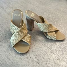 Nwt! Never Worn. Slight Wear On The Bottom From Trying On. Elegant Heels For Beach Season Vacation, Elegant Heels For Beach Vacation, Beach Mules With Heel Strap In Synthetic Material, Chic Straw Open Toe Heels, Chic Sandals For Beach, Chic Slip-on Heels For Vacation, Elegant Synthetic Mules For Vacation, Elegant Beige Mules For Vacation, Medium Width Open Toe Heels For Beach