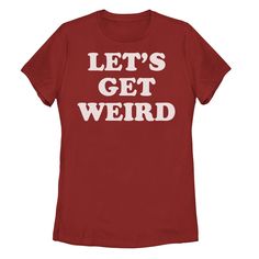 Trendy style abounds on this Juniors' Let's Get Weird Retro Graphic Tee. Crewneck Short sleevesFABRIC & CARE Cotton Machine wash - Delicate Imported Size: Large. Color: Red. Gender: female. Age Group: kids. Material: Cotton / Poly. Cheap Fun T-shirt With Retro Print, Multicolor Graphic Tee With Funny Print, Cheap Novelty T-shirt With Graphic Print, Cheap Retro T-shirt With Funny Print, Cheap Groovy Graphic Print T-shirt, Lets Get Weird, Retro Graphic Tees, Top Funny, Weird Pictures