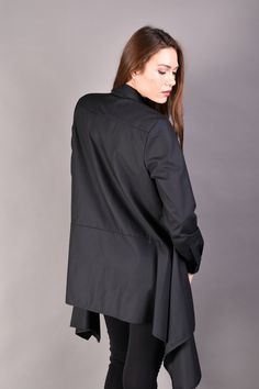 "Black Loose Shirt, Long Tunic, Asymmetric Top. Stylish and extravagant shirt in black. The model features loose fit cut and assymetric length. If you are looking for a comfortable but elegant long tunic this oversized top is a great match for your office or party look. Combine it with black bottom for all black look but add a colour popping accessory as an accent. ▲ Sizes: The item can be made in sizes from XXS to 7XL. Please, use the size chart below or if you are not sure about your size, jus Asymmetrical Shirt, Asymmetric Top, Shirt Oversize, Black Bottom, All Black Looks, Model Features, Loose Shirt, Loose Top, Party Look