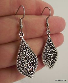 Ornate Antiqued Silver Filigree Teardrop Earrings by JSWMetalWorks Metal Teardrop Filigree Earrings, Silver Filigree Teardrop Earrings For Wedding, Silver Teardrop Earrings With Intricate Design, Elegant Oxidized Finish Teardrop Dangle Earrings, Ornate Silver Nickel-free Teardrop Earrings, Teardrop Earrings Wedding, Silver Earrings Wedding, Bride Gift, Earrings Wedding