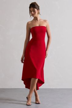 Ariela Red Bandeau High-Low Midi Dress – Club L London - USA Red Strapless Dress With Straight Neckline For Evening, Sleeveless Fitted Midi Dress For Red Carpet, Red Midi Dress With Straight Neckline For Date Night, Red Strapless Midi Dress For Evening, Red Midi Dress With Straight Neckline For Party, High Low Midi Dress, Red Strapless Dress, Romantic Date Night, Club L London