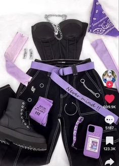 Black Purple Outfit Aesthetic, Clothing Asethic Types, Black And Purple Clothes Aesthetic, Purple Grunge Aesthetic Outfit, Purple Y2k Outfit, Punk Outfits Purple, Purple Alt Clothes, Turban Scarf, Repurposed Fabric