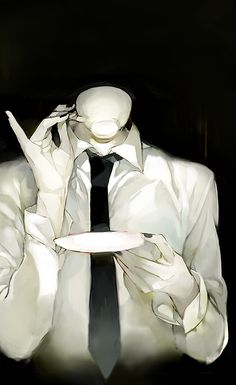 a man in a white shirt and tie holding a plate with his hands on his face