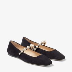 Black Suede Flats with Pearl Embellishment | ADE FLAT | High Summer 2021 | JIMMY CHOO Bride Party Dress, Comfortable Pumps, Black Suede Flats, Ballerina Style, Designer Flats, Womens Ballet Flats, Ballerina Shoes, Suede Flats, Mary Jane Flats