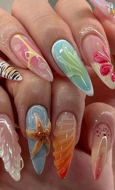 Beachy Nail Designs, Vacation Nail Designs, Summer Vacation Nails, Vacation Nails Beach, Funky Nail Designs, Cruise Nails, Beachy Nails, Summery Nails, Vibrant Nails