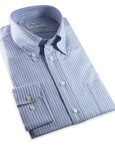 140s Oxford Button Down in Blue with White Bengal Stripe Classic Business Casual Dress Shirt With Button Closure, Classic Cotton Oxford For Formal Occasions, Classic Button-up Dress Shirt For Business Casual, Classic Blue Dress Shirt With Button Closure, Classic Blue Collared Dress Shirt, Classic Blue Dress Shirt For Business Casual, Classic Blue Dress Shirt With Fold Down Collar, Classic Long Sleeve Oxford For Business, Classic Blue Formal Shirt