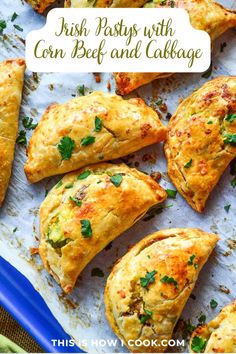 baked pastries with corn beef and cabbage on a baking sheet in front of the recipe title