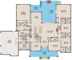 the floor plan for a house with two levels and an attached swimming pool in the middle