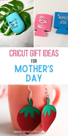 the words cricut gift ideas for mother's day are shown in three different pictures