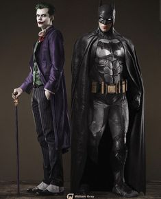 two men dressed up as batman and the joker in costume for an advertise