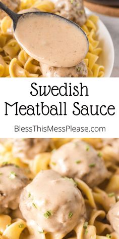 swedish meatball sauce in a white bowl with a spoon