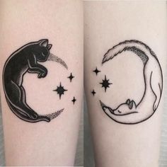 two black cats sitting on the moon tattoos