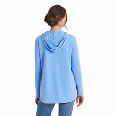 Designed to complement leggings or jeans, this stretchable jersey hoodie is in it for the long run (or walk). 92% USA Grown Cotton, 8% Spandex 7.08 oz. Mid-weight cotton/spandex jersey, garment washed for softness. Tunic length with hood, self-fabric cuffs, kangaroo pocket and rounded hi-lo hem Life Is Good® twill locker patch. Size medium is 27 ½" long in front; 28 ½" long in back Imported | Life is Good Women's Moon Stars Crusher-FLEX Hoodie Tunic Long Sleeve T-Shirt in Cornflower Blue Size XS Casual Trends, Tunic Hoodie, Graphic Tees Vintage, Fabric Cuff, Matching Tees, Long Run, Moon Stars, Cornflower Blue, Tunic Length