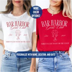 two women wearing t - shirts that say bar harbor and one says,