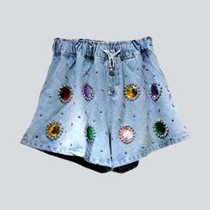 Embrace the spirit of Y2K trend with our 2023 Summer Collection loose embellished rhinestone denim shorts! From their high-waisted silhouette to the buttons and rubber closure. this piece is a fashionista's dream come true. Crafted with luxurious denim and glimmering rhinestones. these shorts will make a lasting impression on your wardrobe and your memories.Why These Shorts are a Must-HaveThese vintage-inspired shorts will take you back to the golden age of fashion. with all the modern touches t Types Of Trousers, Rhinestone Denim, Diy Clothes Design, Denim Clothing, Embellished Denim, Current Trends, The Golden Age, Designer Shorts, Denim Shorts Women