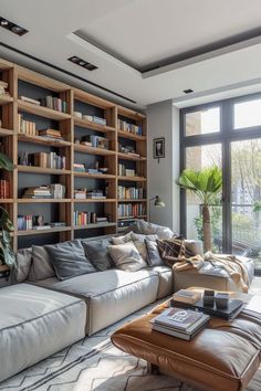 a living room filled with lots of furniture and bookshelves in front of large windows