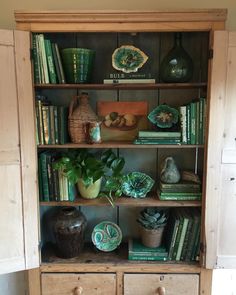 an old bookcase with books and plants on it