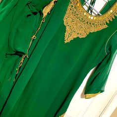 Green And Gold Beautiful Outfit Worn Once Luxury Green Tissue Silk Salwar Kameez, Luxury Green Silk Salwar Kameez, Elegant Green Dola Silk Salwar Kameez, Green Silk Long Sleeve Salwar Kameez, Green Silk V-neck Kimono, Tulip Pants, Shalwar Kameez, Green And Gold, Beautiful Outfits