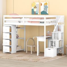 a white loft bed with stairs and desk in the corner, next to a beige wall