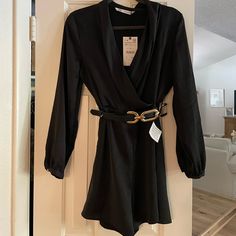 Bnwt Black Zara Romper M Comes With Gold Belt Black Formal Jumpsuits And Rompers For Fall, Black Jumpsuits And Rompers For Fall Workwear, Black Long Sleeve Jumpsuit For Night Out, Black Belted Jumpsuits And Rompers For Fall, Black Long Sleeve Jumpsuits And Rompers For Work, Black Long Sleeve Jumpsuits For Work, Black Long Sleeve Jumpsuit For Date Night, Black Belted Jumpsuit For Party, Black Belted Jumpsuit For Date Night