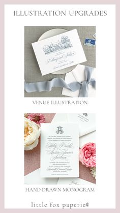 the wedding stationery is displayed with flowers and ribbons