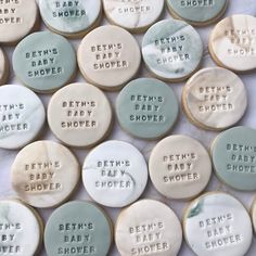 baby shower cookies with words written on them