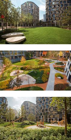 three different views of an urban park in the middle of two buildings, one with trees and