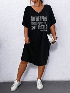 Plus Size Women's Summer Palm Tree & Letter Print V-Neck Short Sleeve Casual T-Shirt Dress Black Casual  Short Sleeve Fabric Colorblock,Geometric,Letter,Tropical,Plants Tee High Stretch  Women Plus Clothing, size features are:Bust: ,Length: ,Sleeve Length: Dress Black Casual, Casual T Shirt Dress, Vestido Casual, Black Shirt Dress, Casual T Shirt, Tropical Plants, Dress P, Casual T Shirts, Letter Print