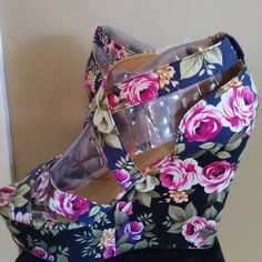 Anna Floral Design Wedge Color Is Deep Navy Blue With Pink Flowers. This Wedge Is So Cute With A Cross Strap At Toe And Ankle New Without A Box Casual Wedge Sandals With Floral Print, Multicolor Floral Print Wedge Heels, Casual Floral Print Wedge Heels, Casual Wedge Heels With Floral Print, Deep Navy Blue, Floral Sandals, Animal Coloring Pages, Womens Shoes Wedges, Cross Straps