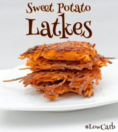 sweet potato latkes on a white plate with the words sweet potato latkes