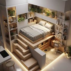 a bedroom with stairs leading up to the bed