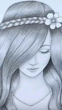 a drawing of a girl with long hair and flowers in her hair, wearing a headband