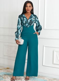 ROTITA Printed Long Sleeve Wide Leg Pocket Jumpsuit Frozen Fashion, White Cloak, Classy Jumpsuit, Color Peacock, Blue Clothing, Pants Skirts