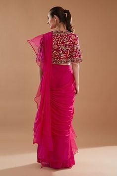 Fuchsia plain pre-draped ruffle pre-draped saree in tiered layered silhouette. Comes with padded floral embroidered blouse embellished by sequins and embroidered belt. - Aza Fashions Fitted Draped Pink Set, Pink Fitted Draped Set, Blouse Organza, Ruffle Sarees, Draped Saree, Ruffle Saree, Embroidered Belt, Drape Saree, Embroidered Blouse