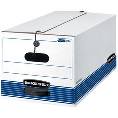 a white box with blue stripes and a black handle on the bottom that says bankersbox