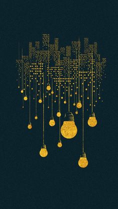 an image of yellow lights hanging from the ceiling in front of a cityscape