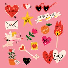 an assortment of valentine's day stickers on a pink background with the words you me