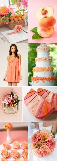 a collage of peach and pink wedding colors