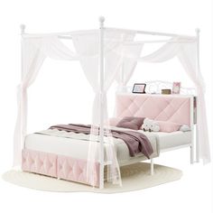 a white canopy bed with pink and white bedspread on the bottom, along with a teddy bear