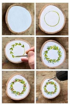 how to make a christmas wreath on wood slices with embroidery and thread - step by step instructions