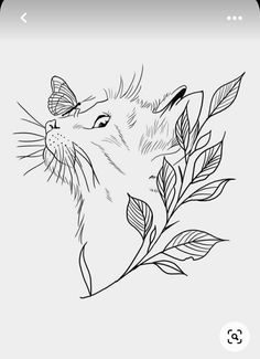 a black and white drawing of a cat with leaves on it's head, looking to the side